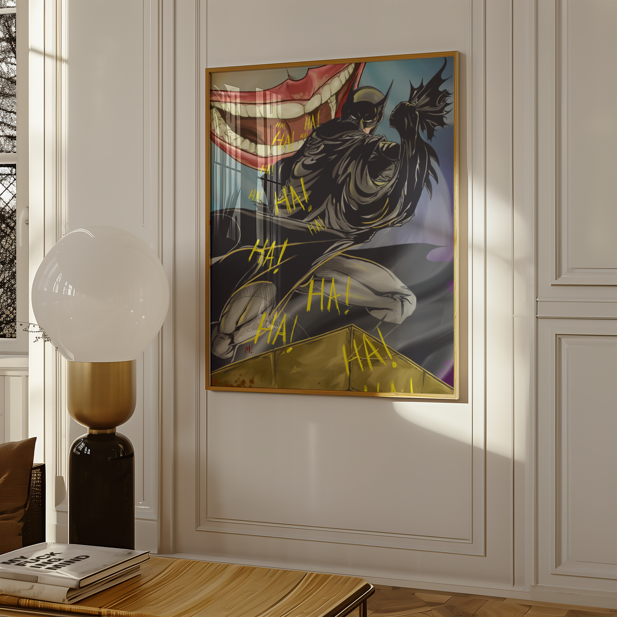 Large framed vigilante art print on a wall