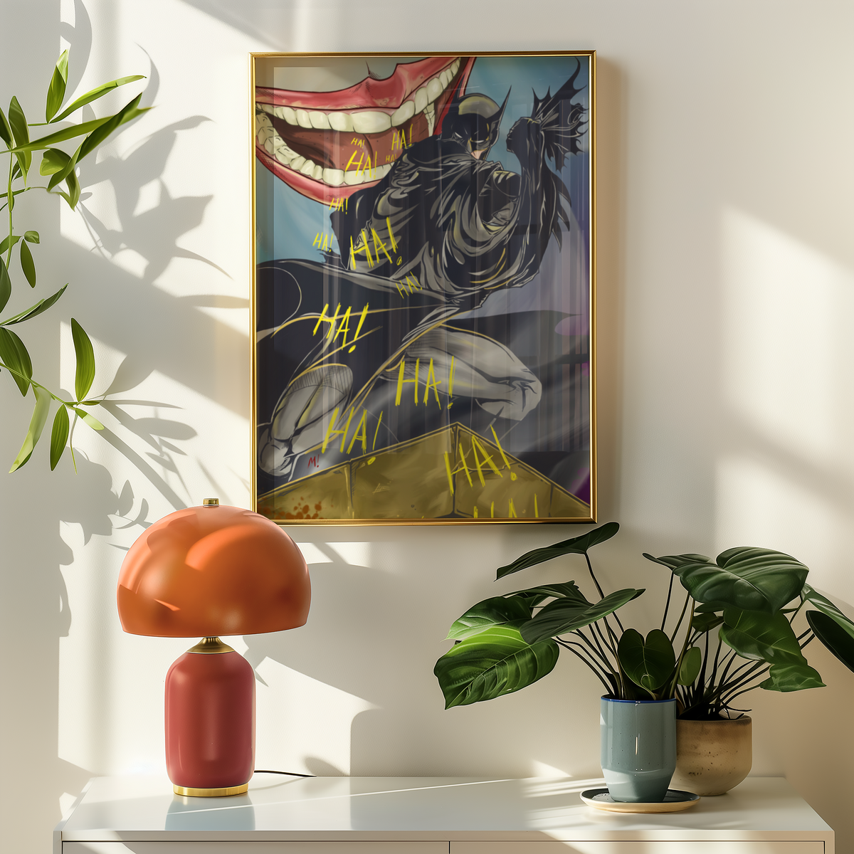 Medium Night Watch print hanging above an orange lamp