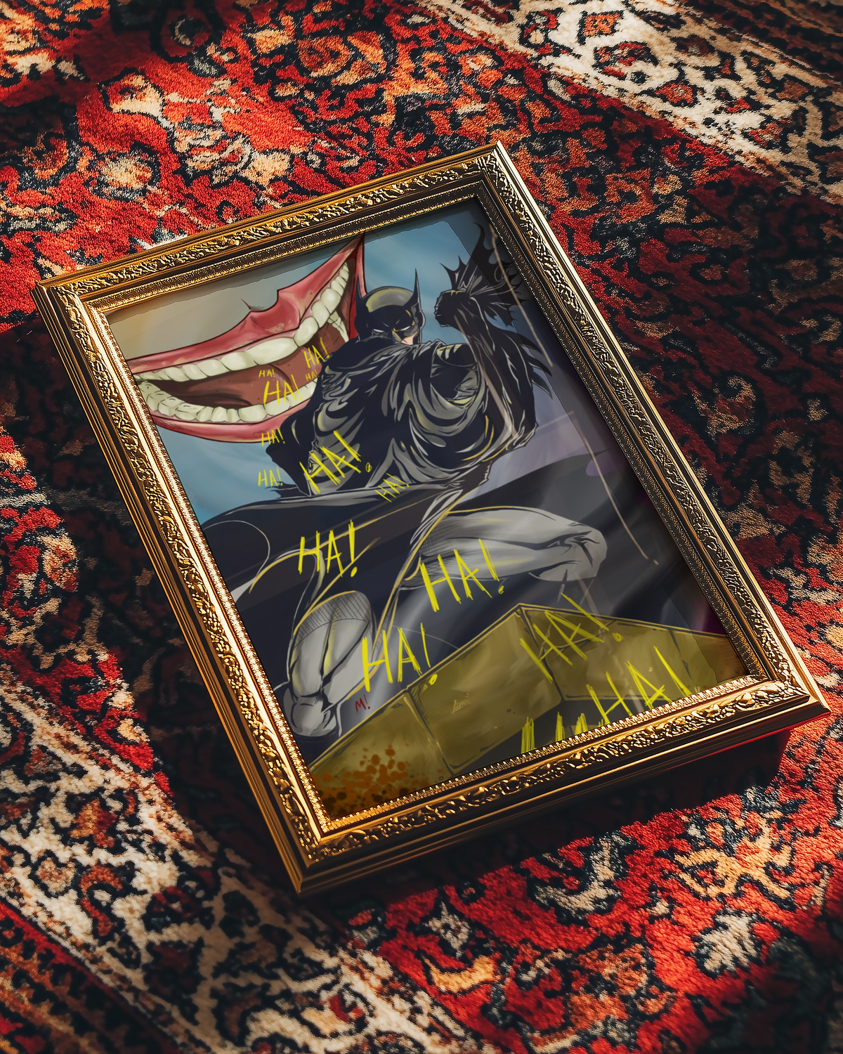 Small vigilante art print on a red rug