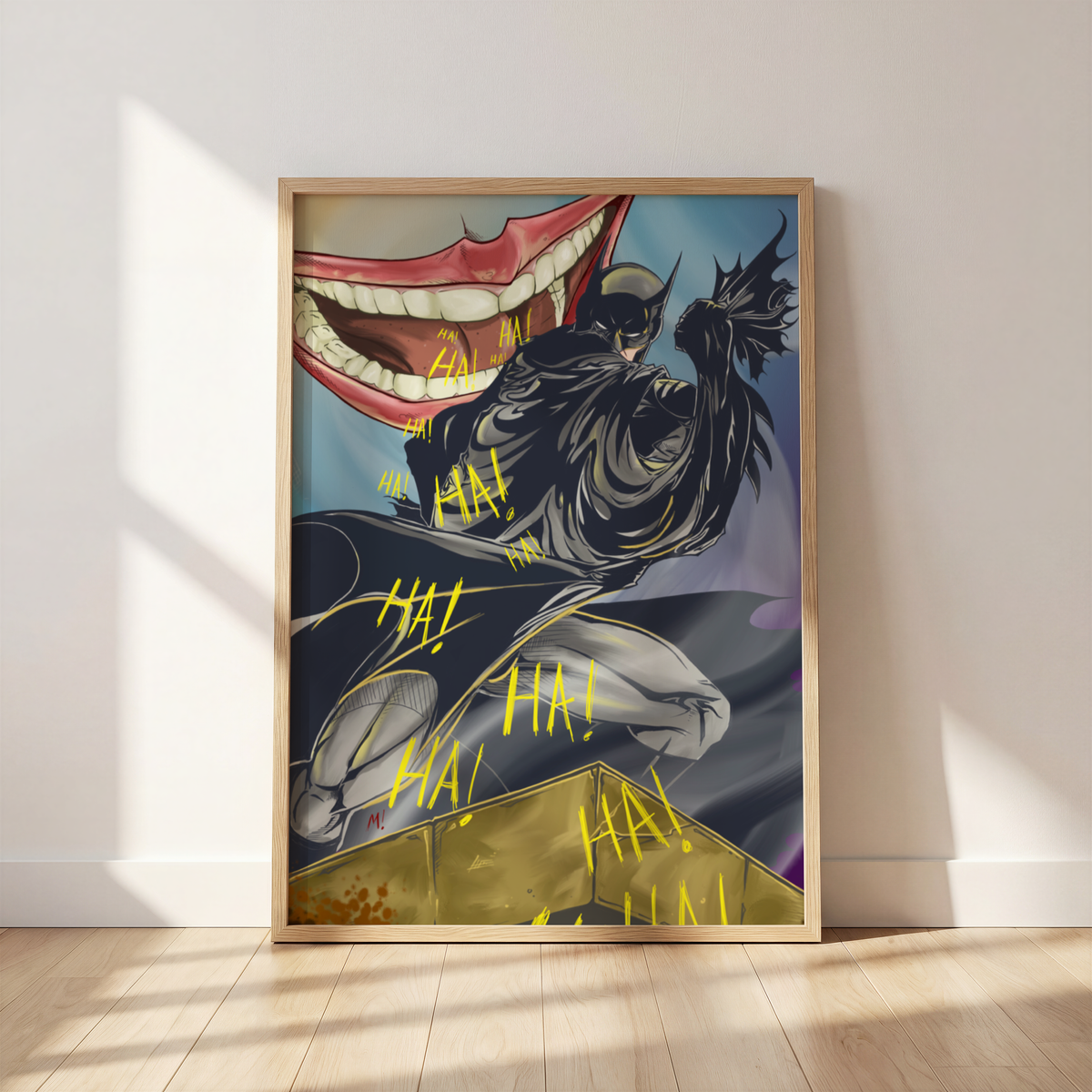 Night Watch vigilante art print by Monty, framed and leaning against a wall