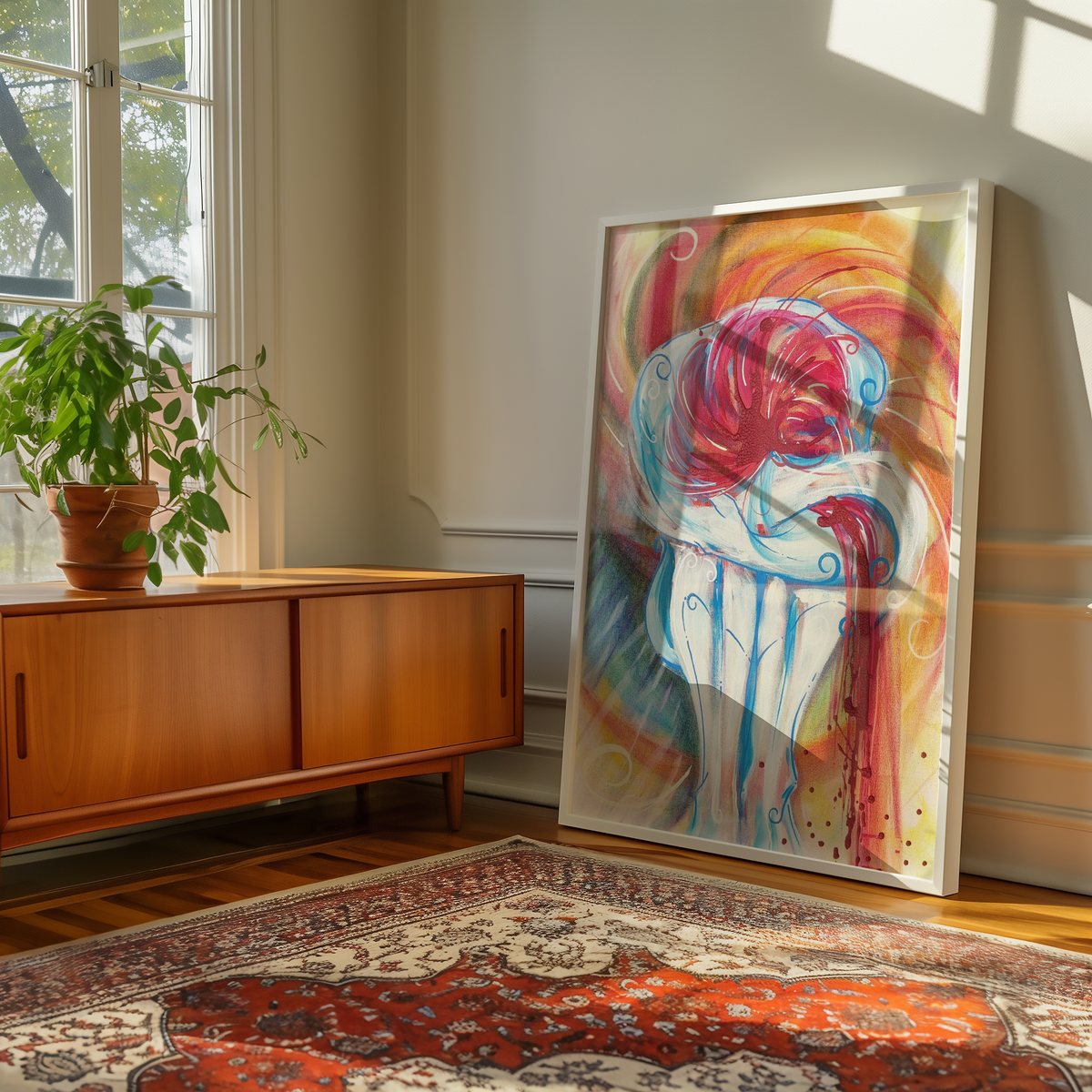 Large framed Calm print by Monty on a wall