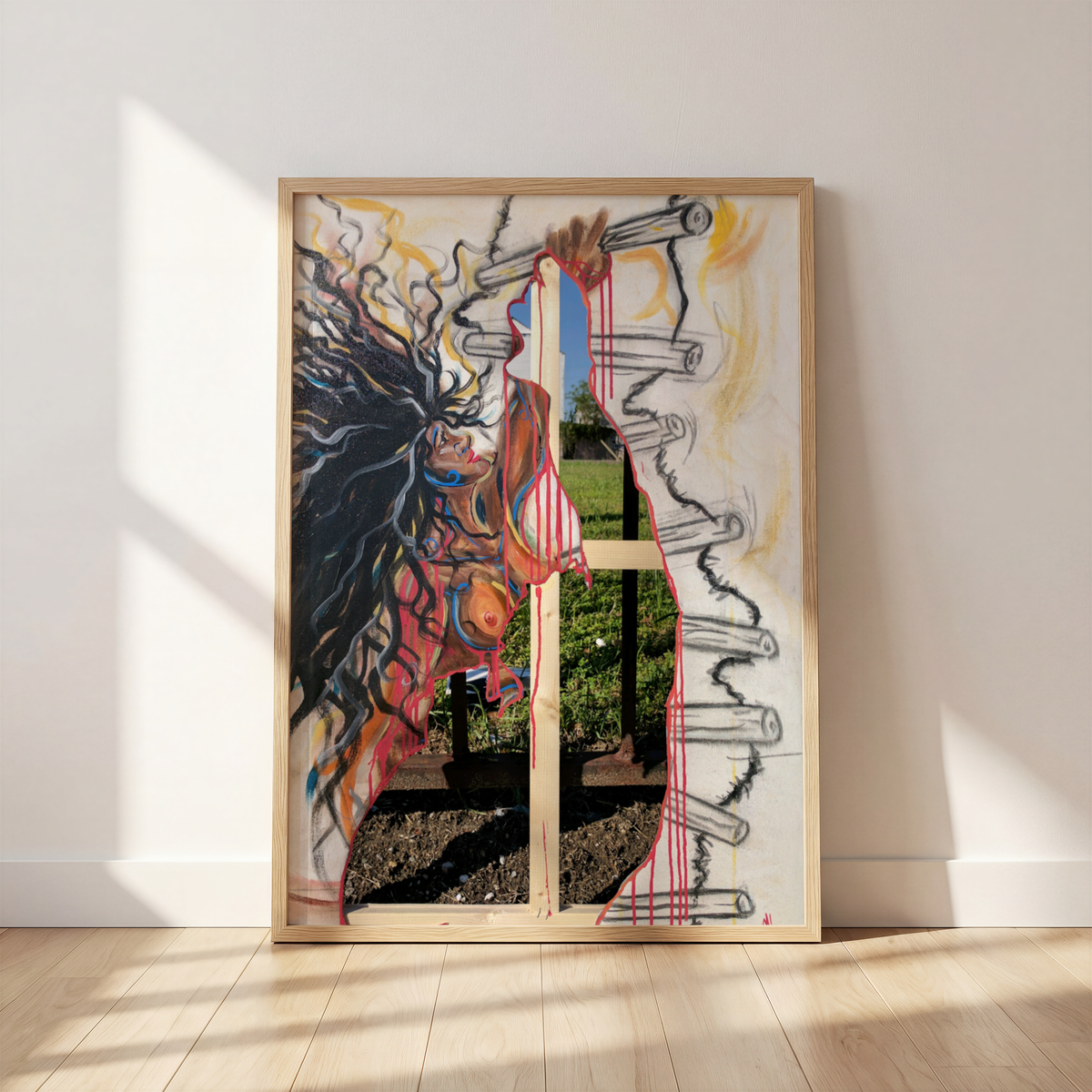 Black women empowerment art print of a woman climbing, by Monty, in a frame leaning against a wall