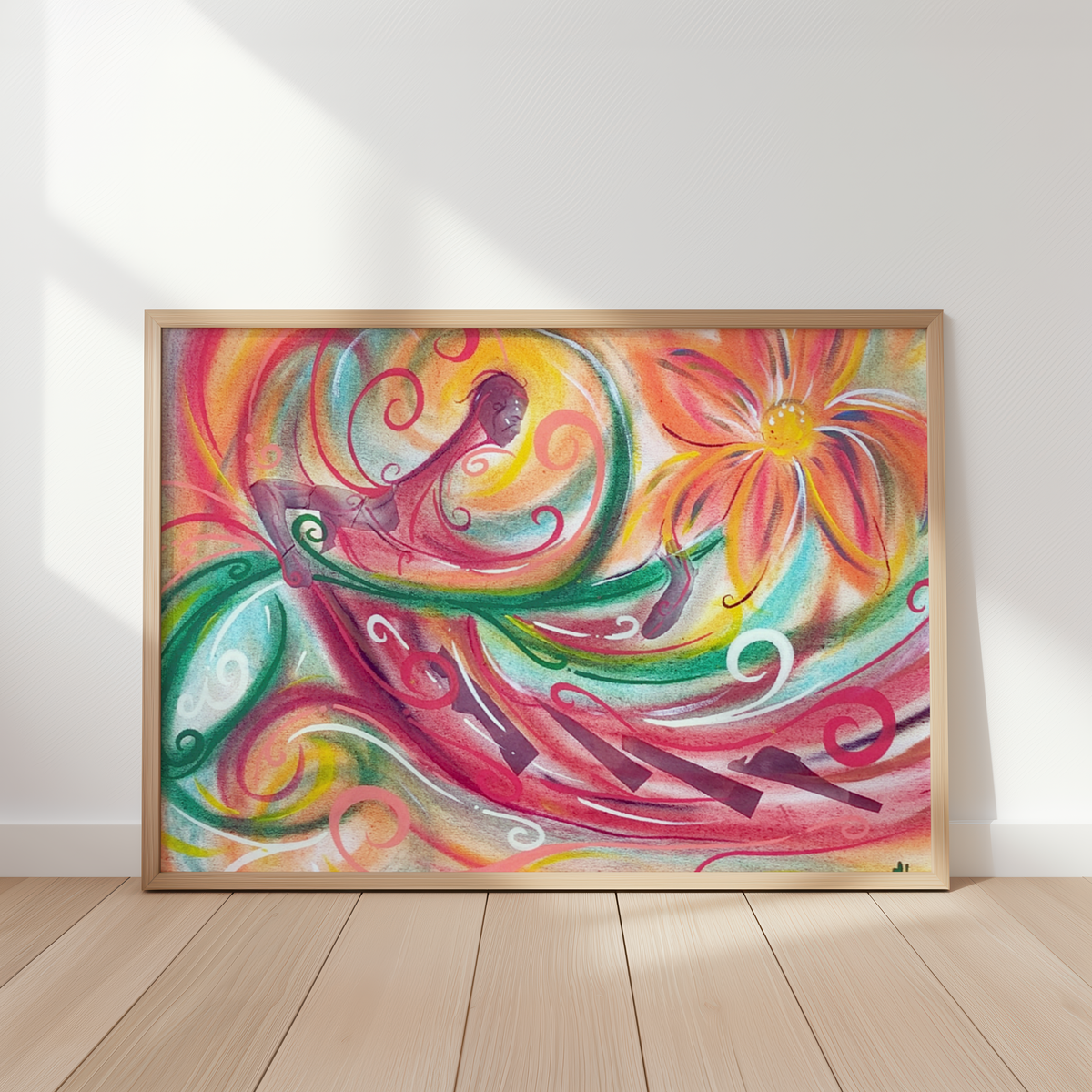 Fleur by Monty, floral woman art print in a frame leaning against a wall