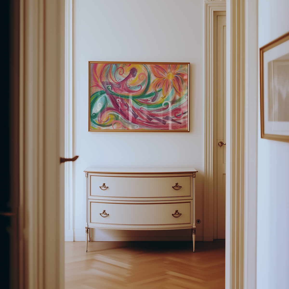 Large framed Fleur print by Monty on a wall