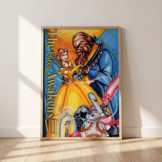 Zero Gravity Waltz by Monty, mashup art print in a frame leaning against a wall