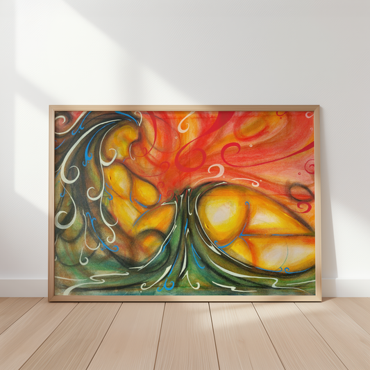 Awake feminine bedroom wall art print by Monty, framed and leaning against a wall
