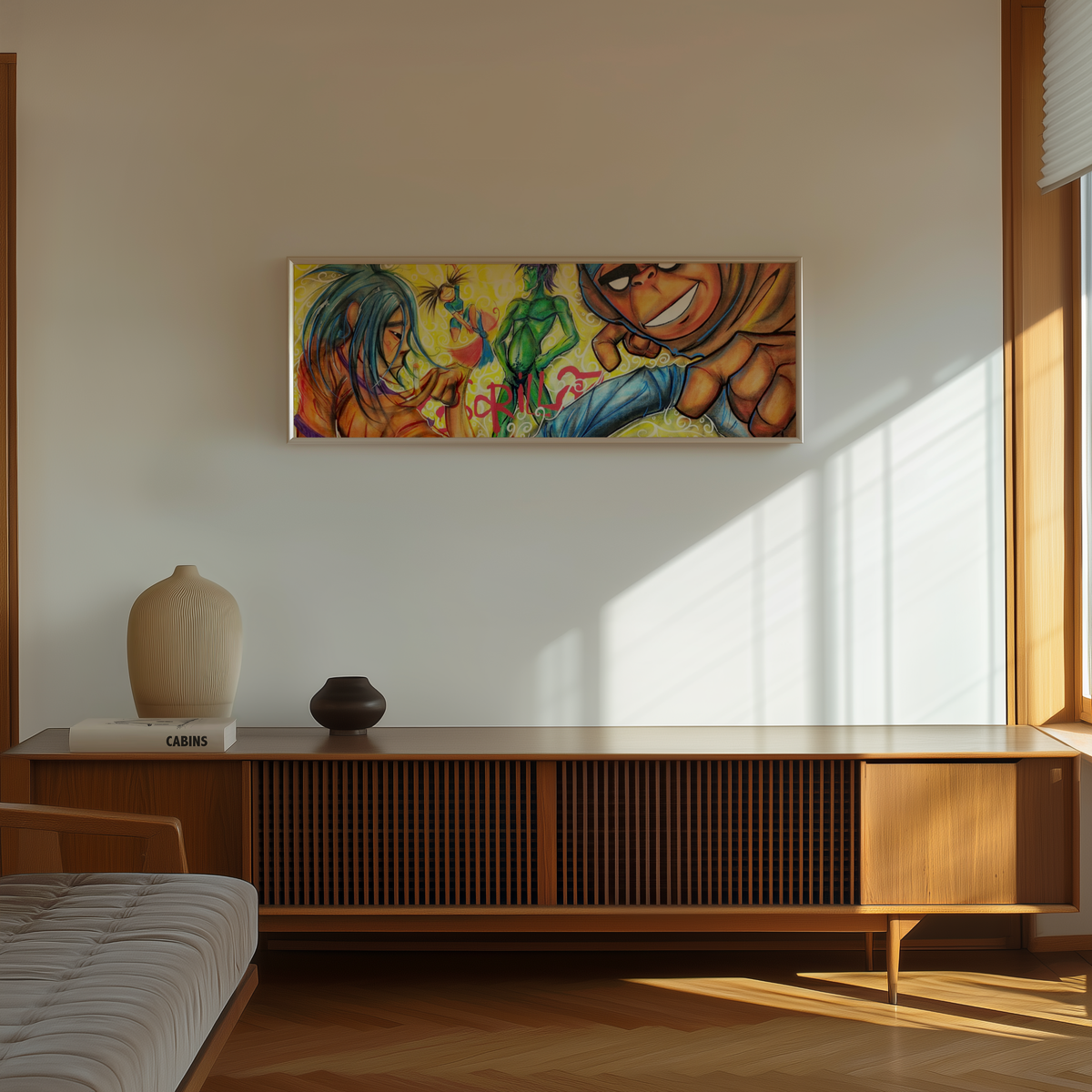 Large framed Gorillaz print by Monty on a wall