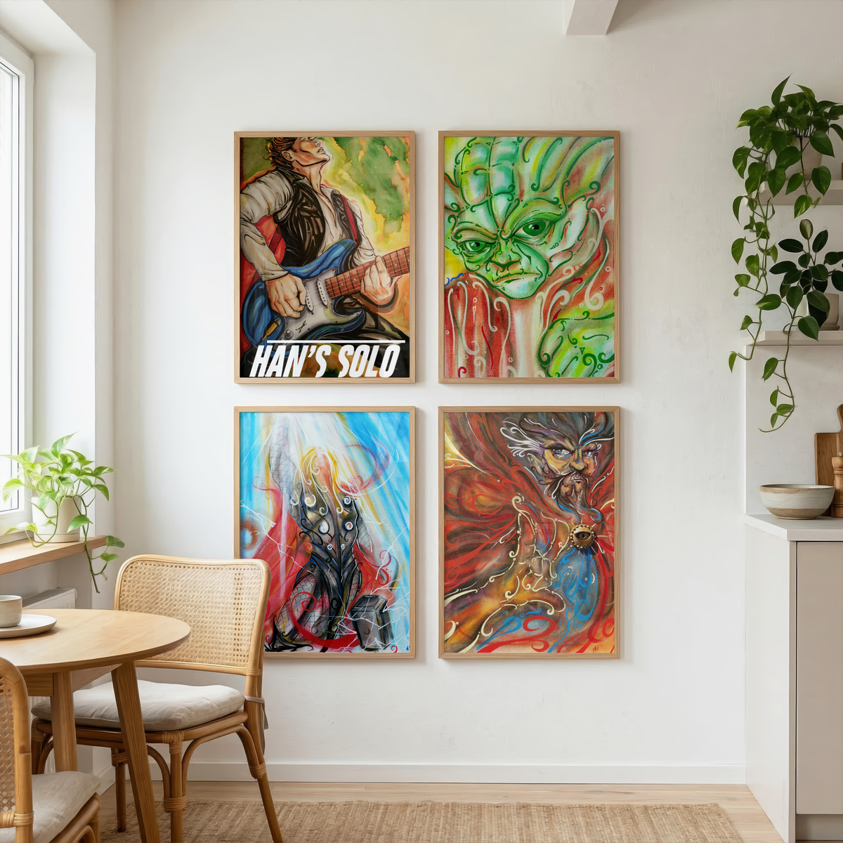Gallery wall with the Fastest Guitar in the Galaxy print and other Monty original art pieces
