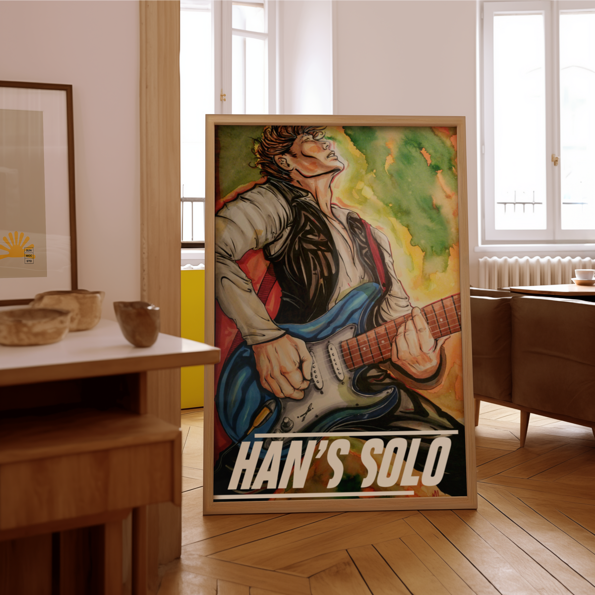 Large framed sci-fi art print of a guitar player on the floor