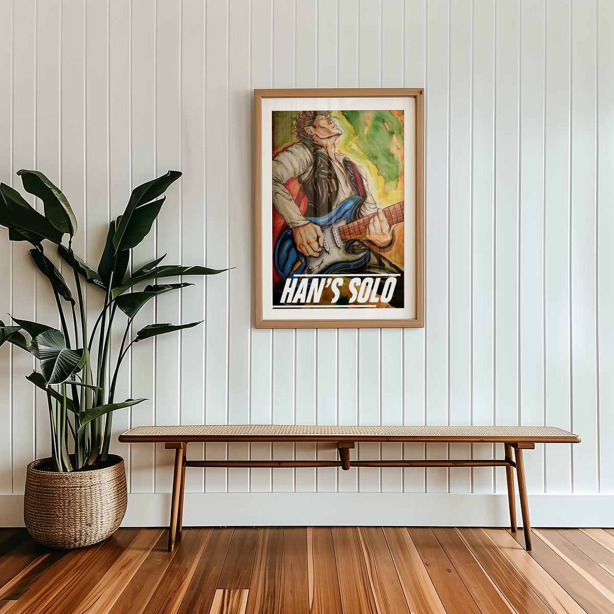 Medium framed Fastest Guitar in the Galaxy print hung above a bench