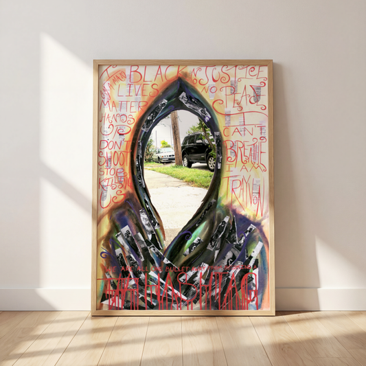 Hashtag black lives matter art print by Monty in a frame, leaning against a wall