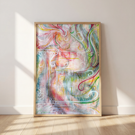 Her Color by Monty, colorful woman art print in a frame leaning against a wall