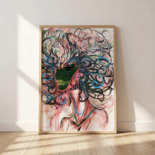 Indivisible Black American art print by Monty in a frame, leaning against a wall