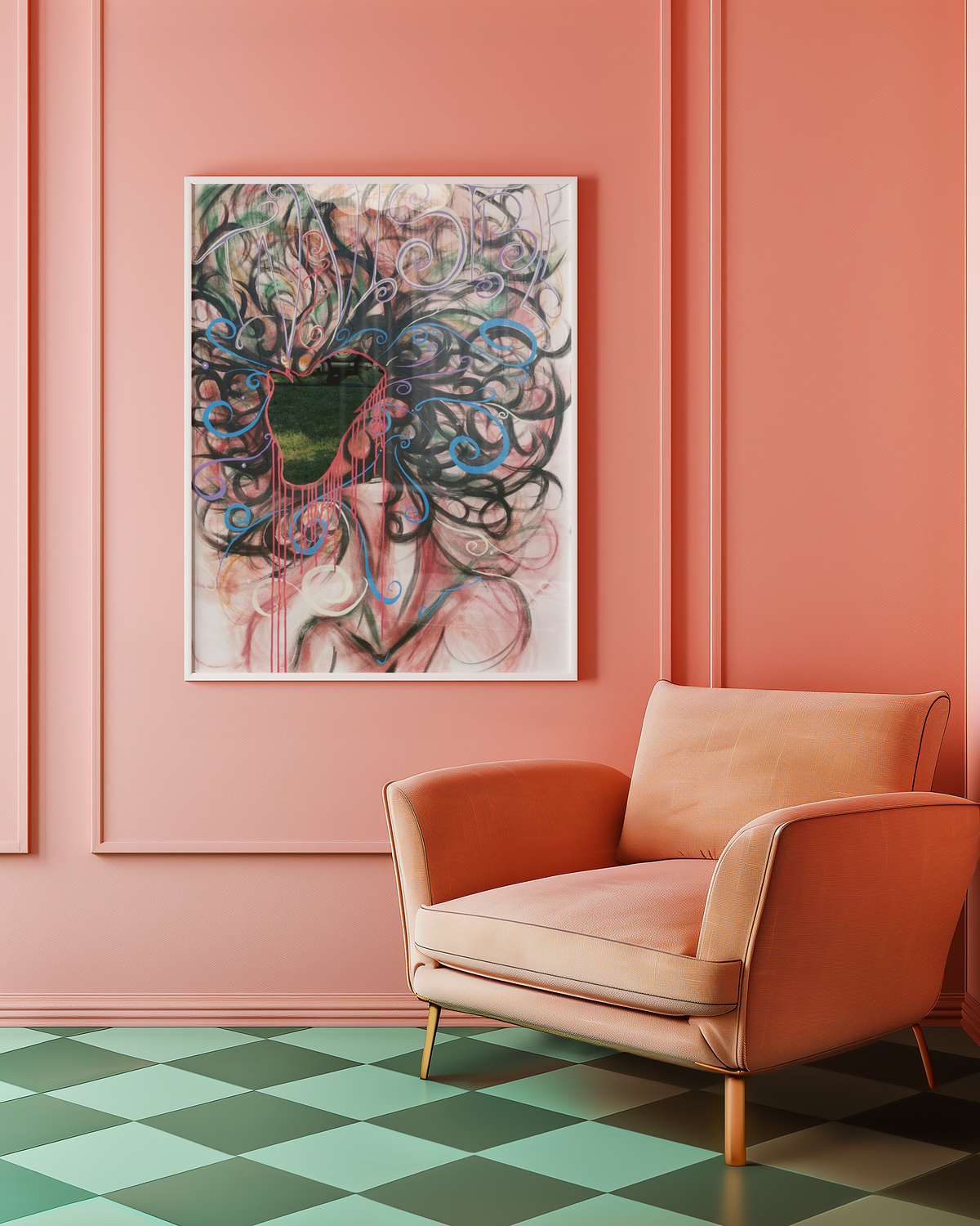 Large framed Indivisible print hanging on a wall