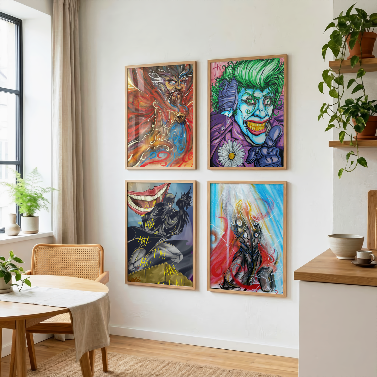 Four-piece gallery wall with The Wild Card print and other Monty Live Art paintings
