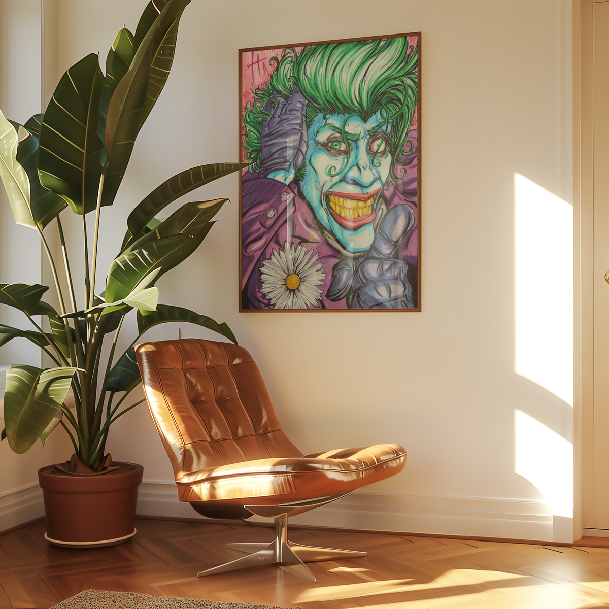 Large framed The Wild Card art print hung above a mid-century chair