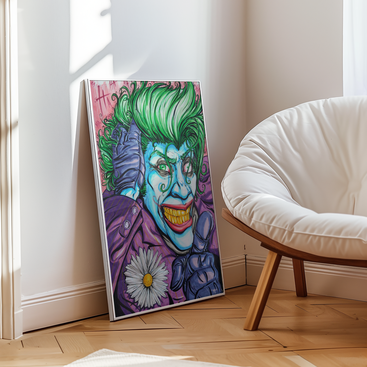 Medium framed villain art print leaning behind a chair, pop art comic wall art