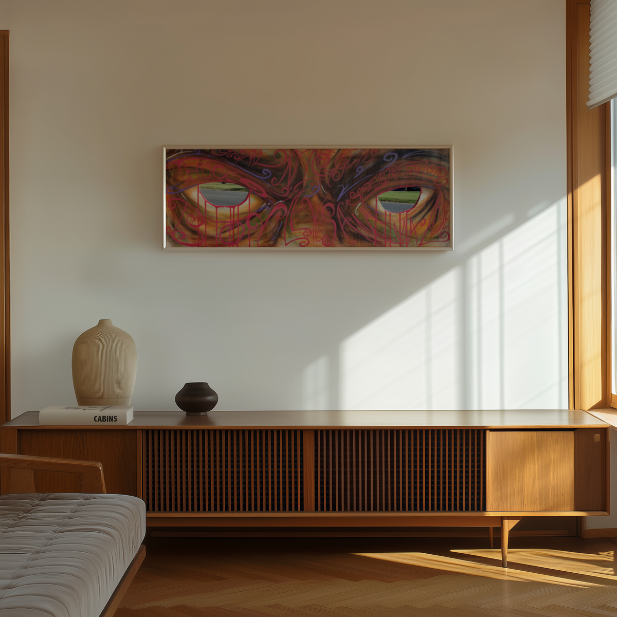 Large framed Leyes print by Monty on a wall