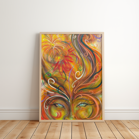 Masks by Monty, masquerade art print in a frame leaning against a wall