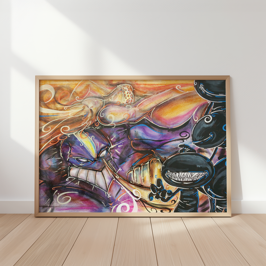The Maxx art print by Monty, framed and leaning against a wall