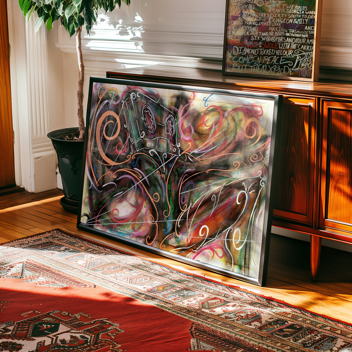 Large framed cassette tape wall art leaning on a table