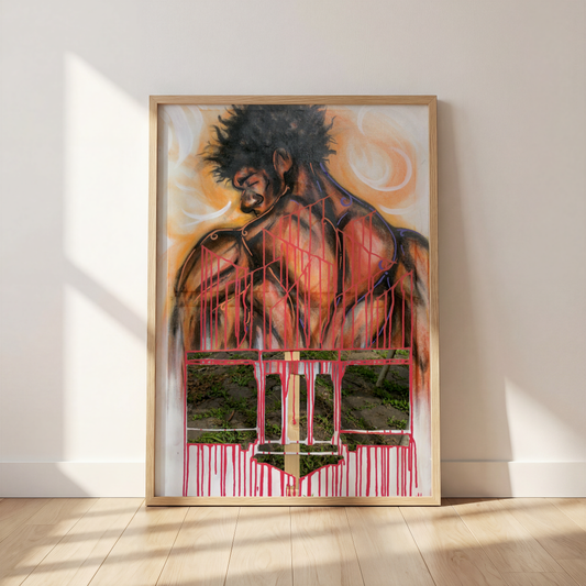 Black history art print of a man’s back by Monty in a frame, leaning against a wall
