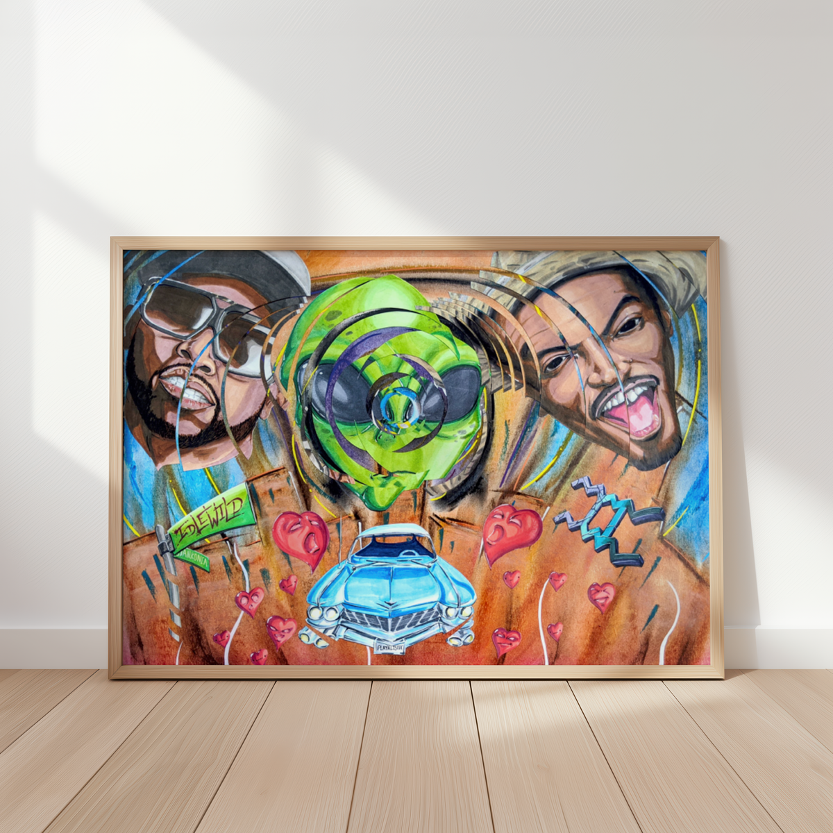 Dirty South 90s hip hop art print by Monty, framed and leaning against a wall