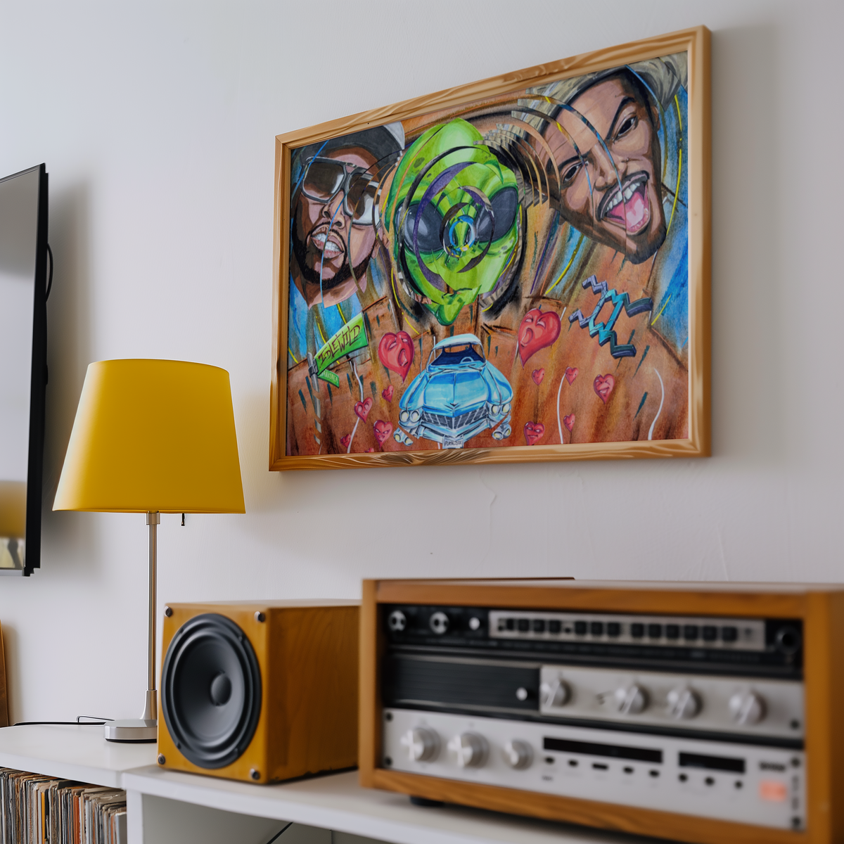 Medium hip hop wall art print hanging above a record player