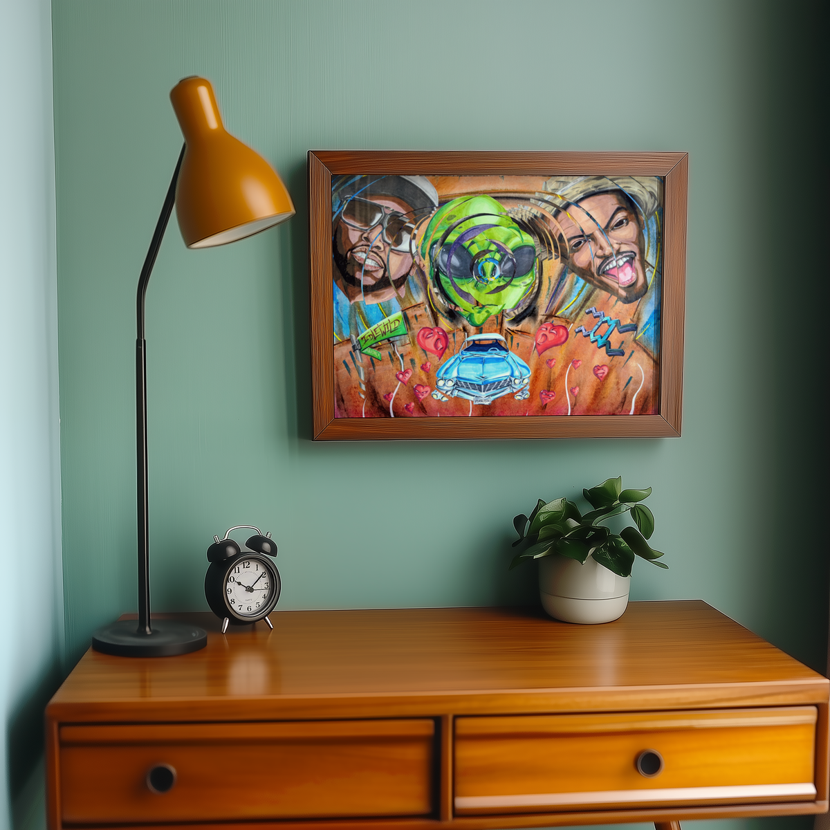 Small 90s hip hop art print above a table