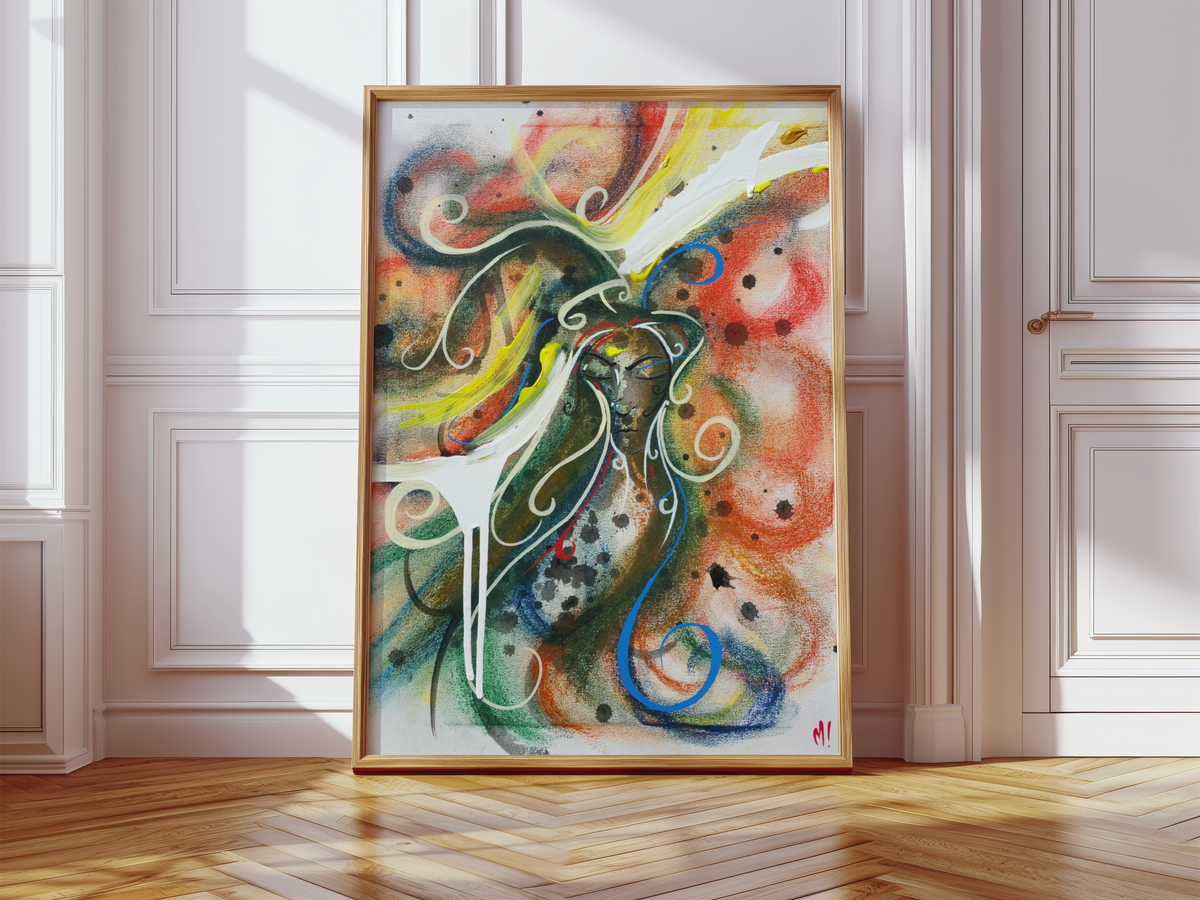 Calm woman art print by Monty in a frame, leaning against a wall