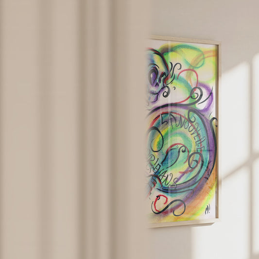 Video of the skeleton drummer art print in a frame, showing size and pastel texture up close
