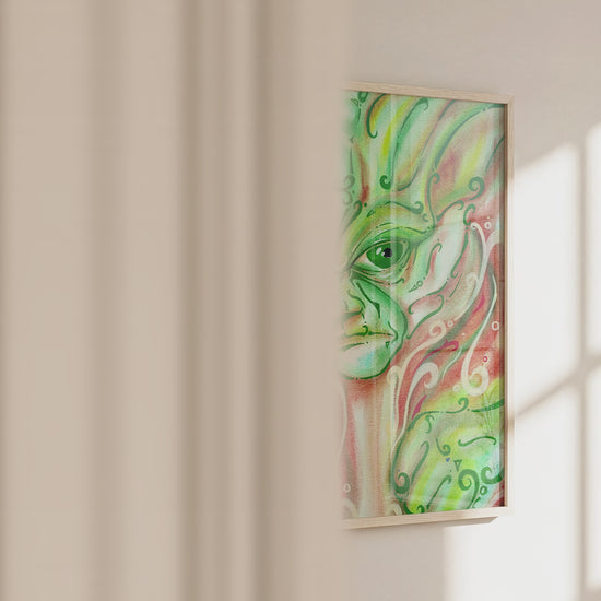 Video of The Wise One art print in a frame, showing the tall format and pastel texture