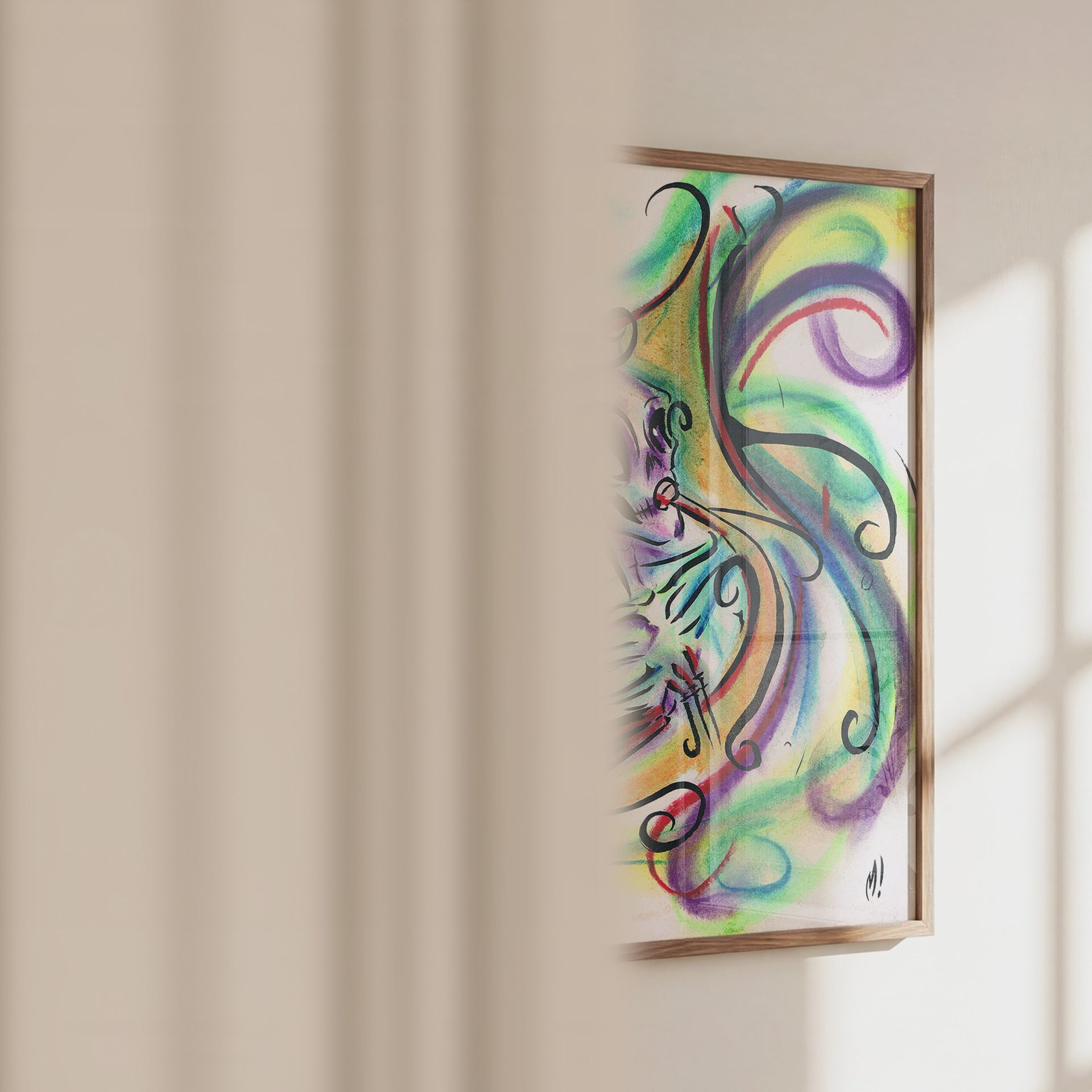 Video of the skeleton tuba art print in a frame, showing size and pastel texture up close
