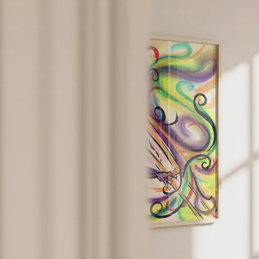 Video of the skeleton trombone art print in a frame, showing size and pastel texture up close