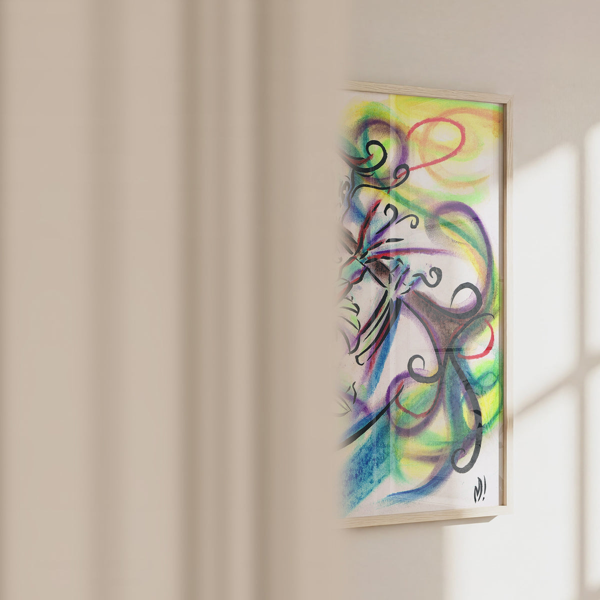 Video of the skeleton clarinet art print in a frame, showing size and pastel texture up close