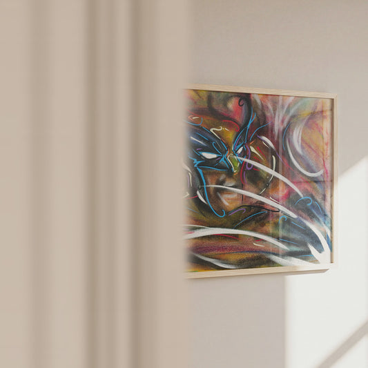 Video of the Claws Out art print in a frame, showing size and pastel texture