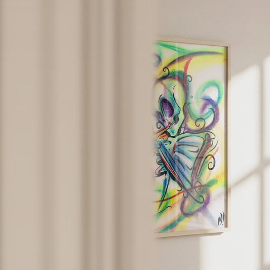 Video of the skeleton trumpet art print in a frame, showing size and pastel texture up close