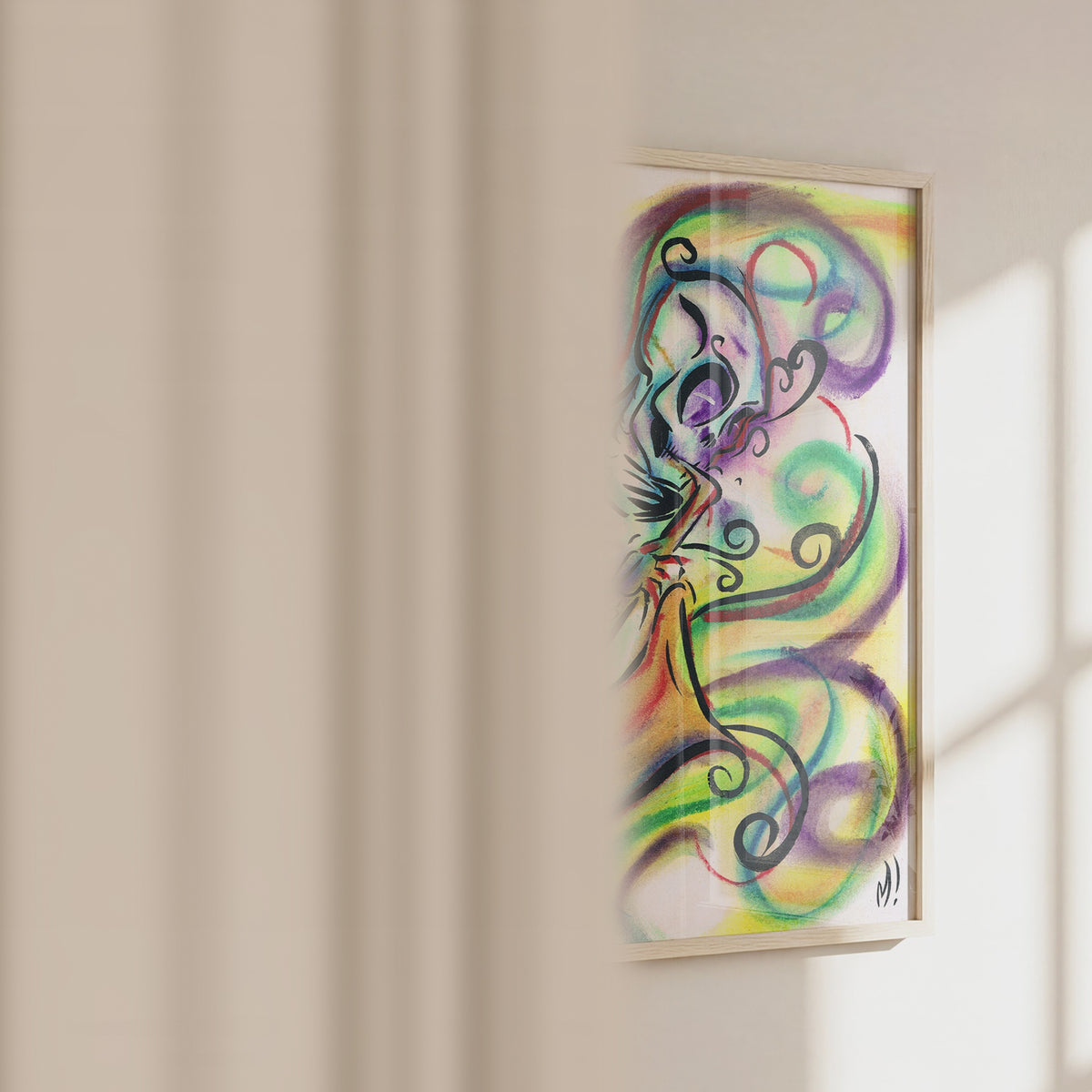 Video of the skeleton saxophone art print in a frame, showing size and pastel texture up close