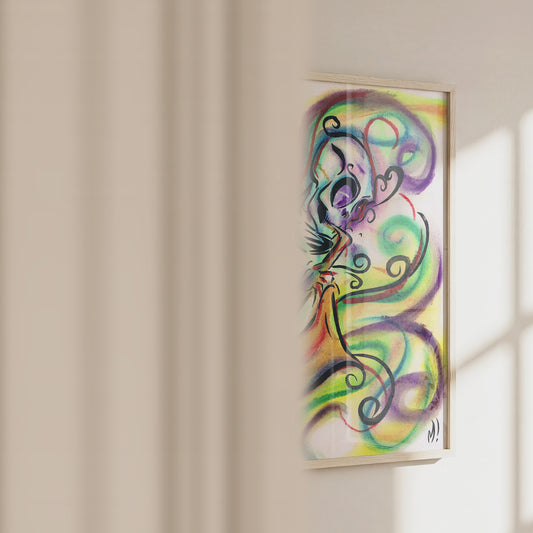 Video of the skeleton saxophone art print in a frame, showing size and pastel texture up close