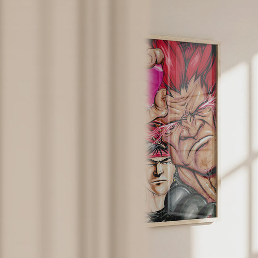 Video of the Street Fighter art print of Ryu and Akuma hanging on a wall