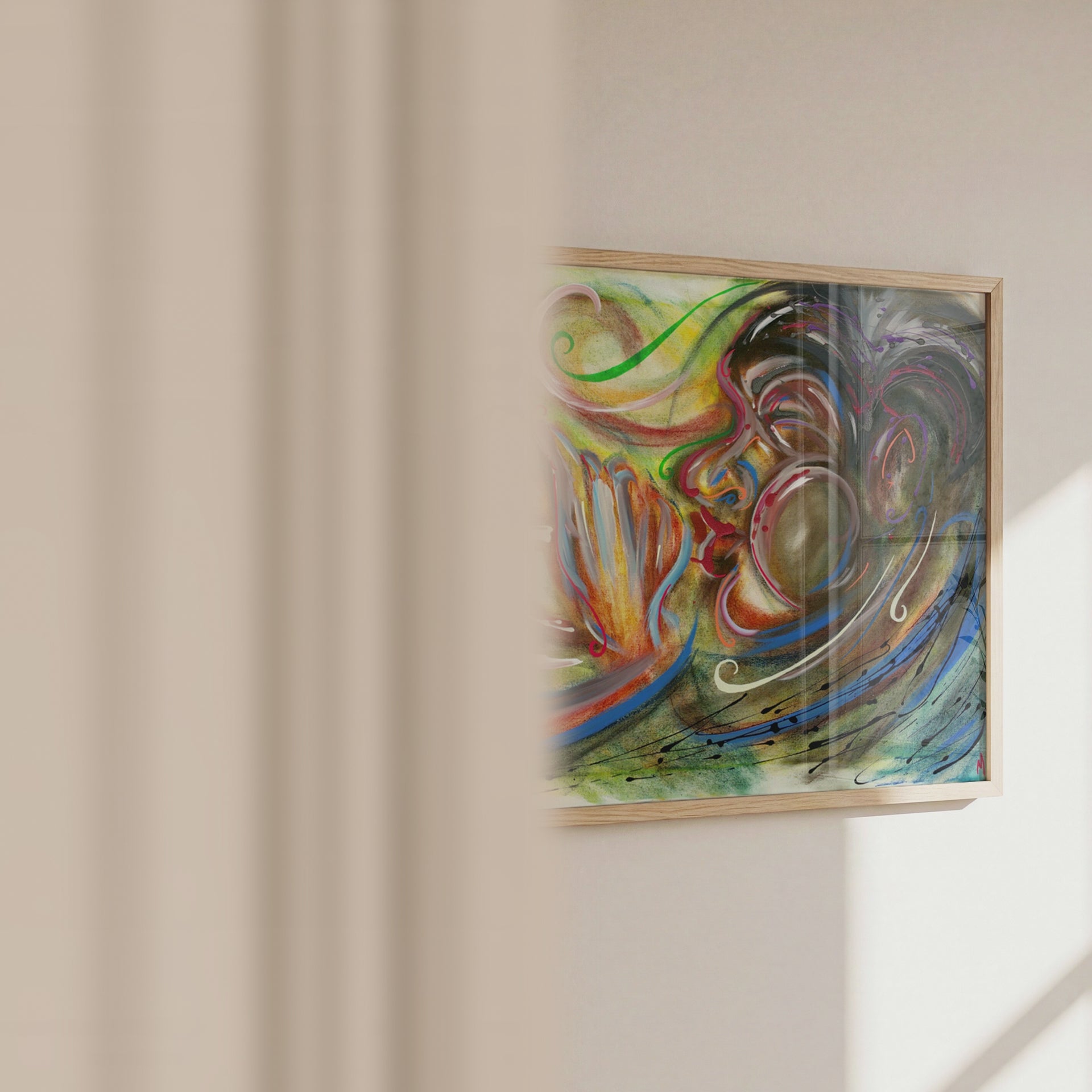 Video of the Trumpet black jazz art print in a frame, showing size and pastel texture