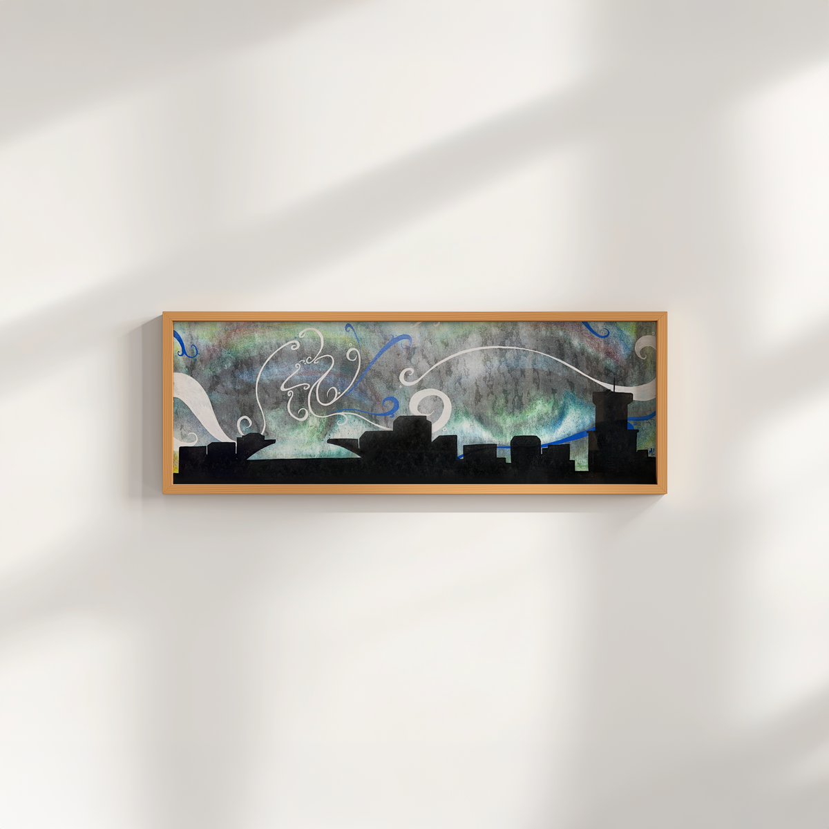 The Rain by Monty, New Orleans skyline art print in a frame leaning against a wall