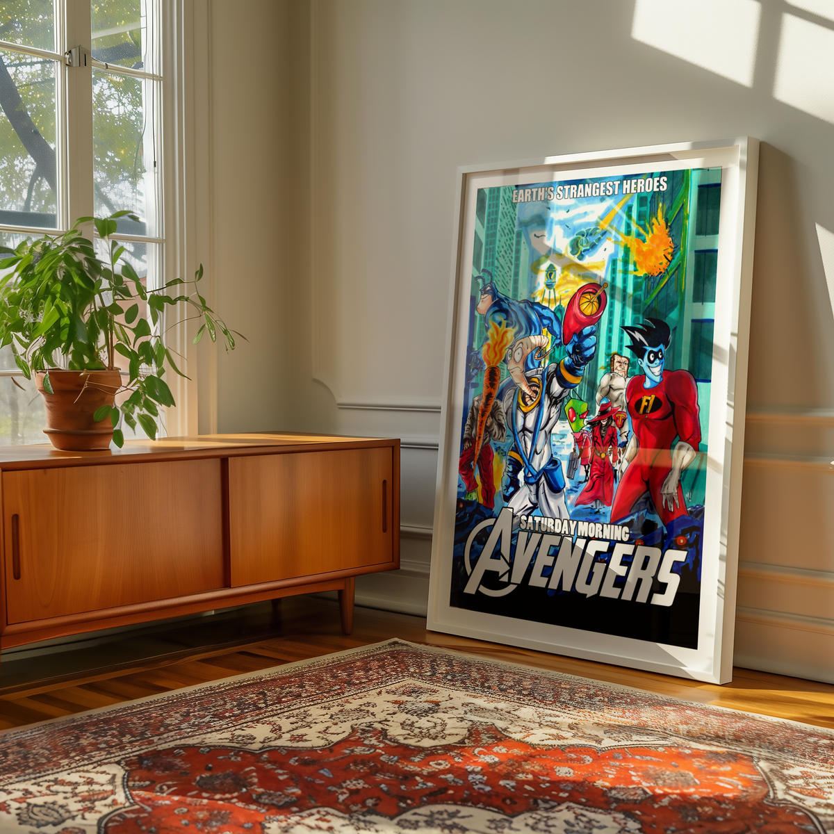 Large framed Saturday Morning Crew print by Monty on a wall
