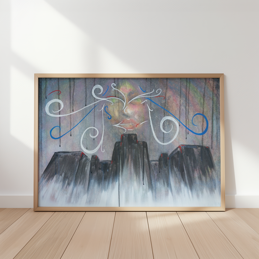 Scars by Monty, art of New Orleans print in a frame leaning against a wall