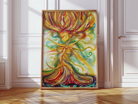 She Burns by Monty, fiery woman art print in a frame leaning against a wall