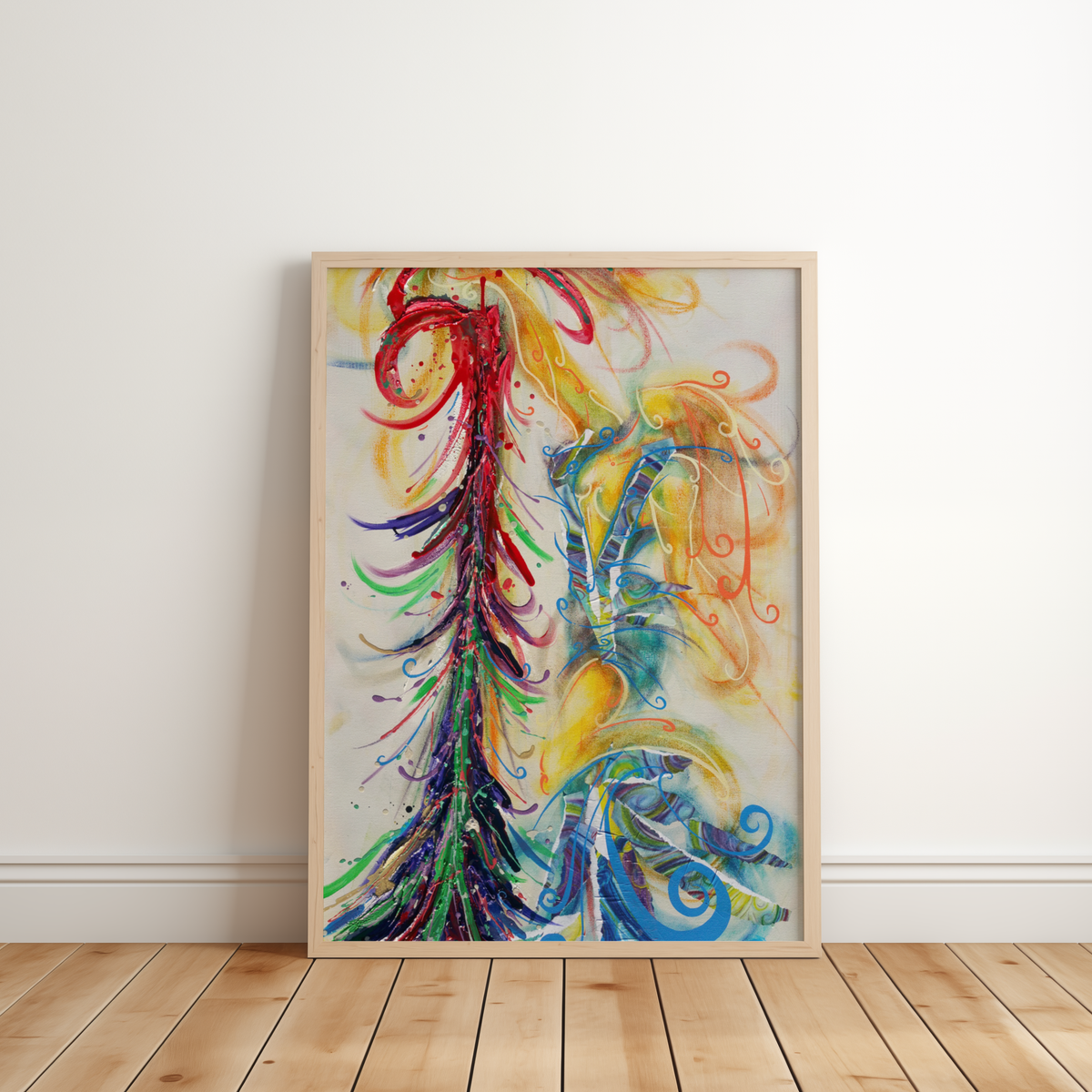 She Creates by Monty, feminist wall art print in a frame leaning against a wall
