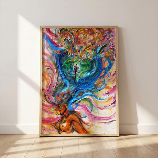 She Grows by Monty, vibrant woman art print in a frame leaning against a wall