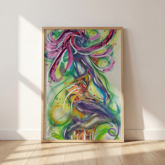She's Alive by Monty, mysterious woman art print in a frame leaning against a wall