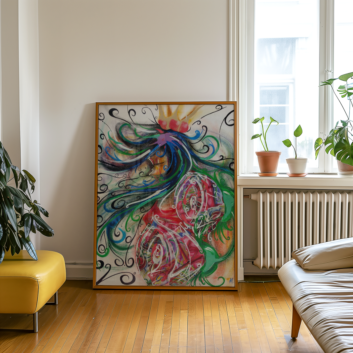 Large framed She Stands print by Monty leaning against a wall