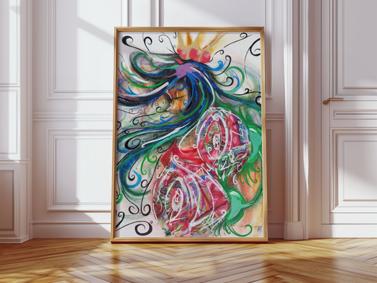 She Stands by Monty, Alice in Wonderland art print of the Queen of Hearts in a frame leaning against a wall